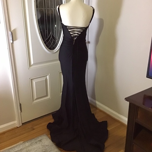 Black Satin Ruched Maxi Dress with Crystal-Trimmed V-Neck - Picture 7 of 7